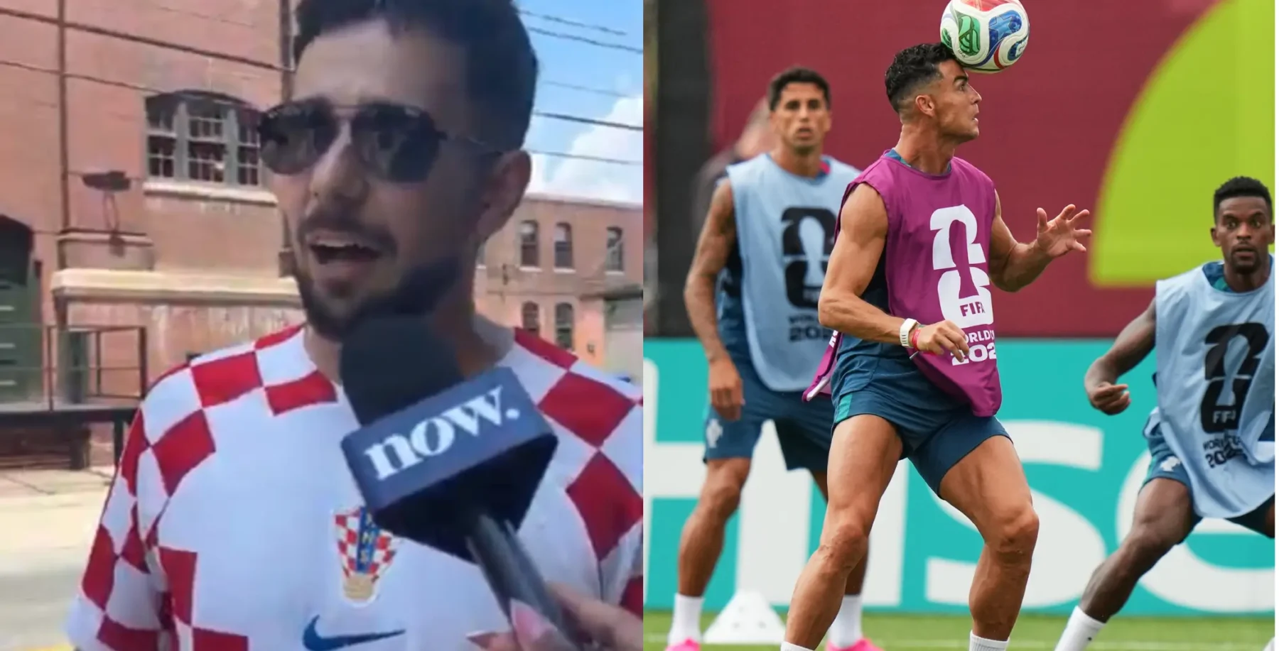 Croatian fan in checkered jersey being interviewed, and Croatian players during a match at the World Cup in Toronto.