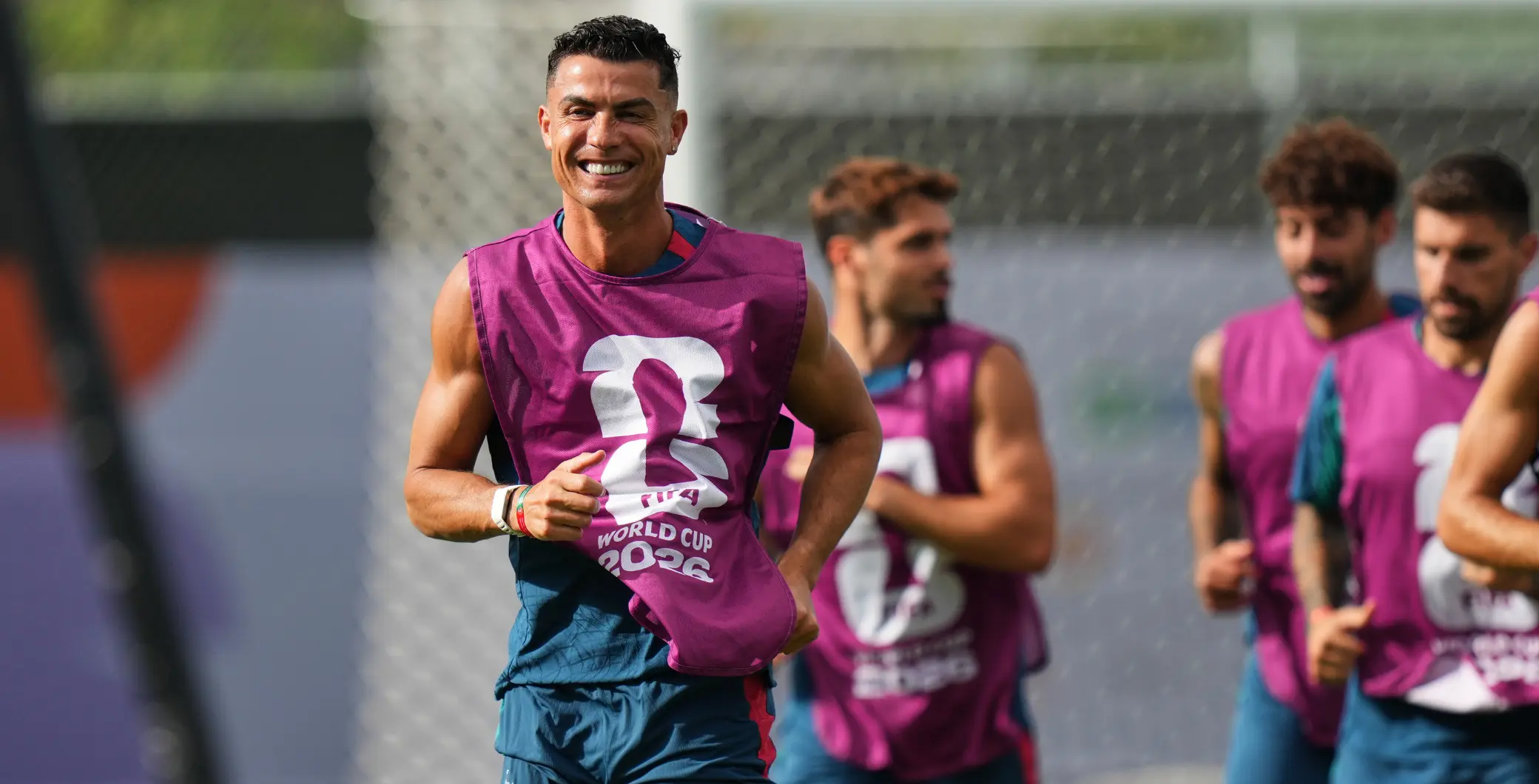 Cristiano Ronaldo smiling during a Portugal training session at the Delta Hotel Toronto before the World Cup match.