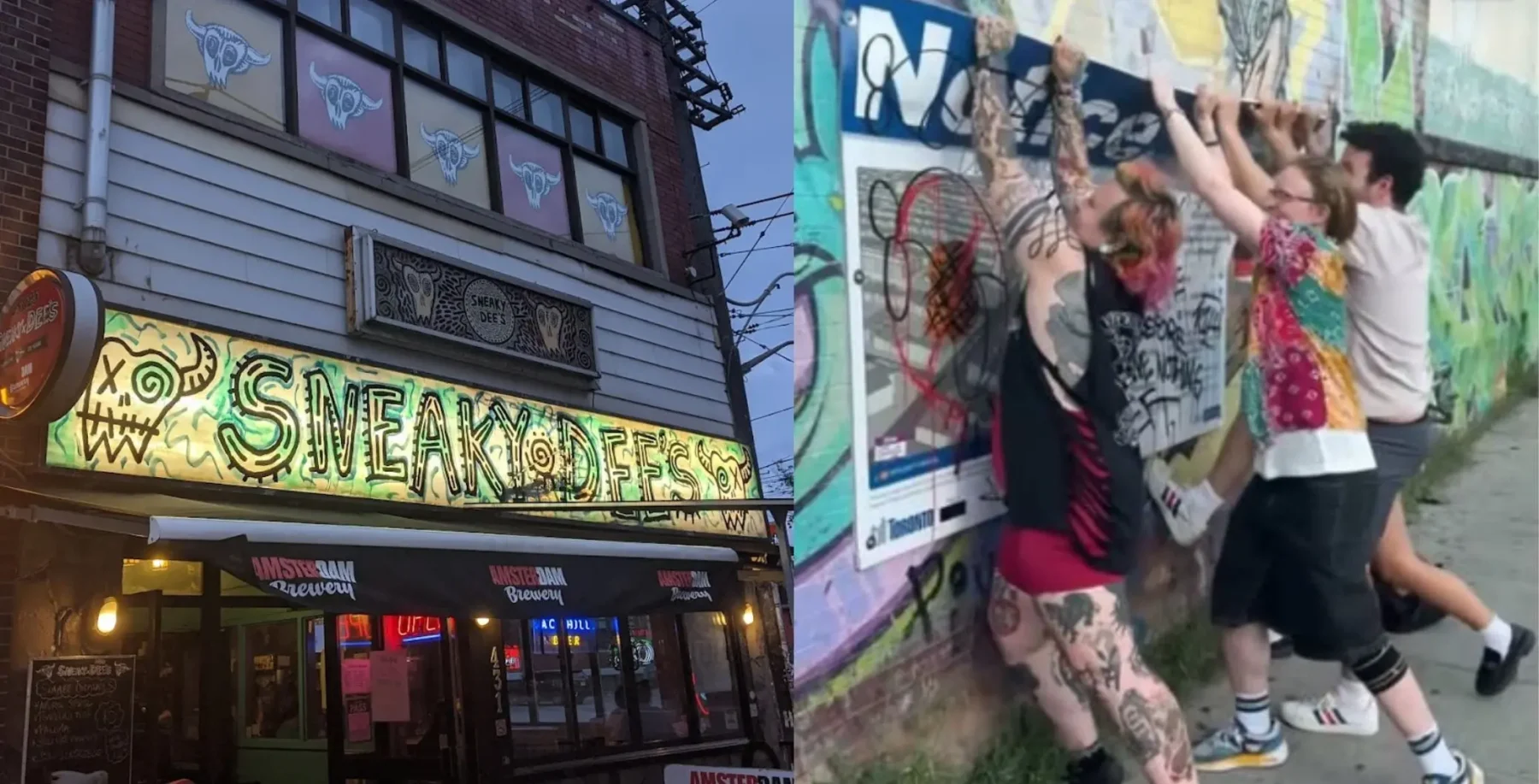 Toronto's Sneaky Dee's bar with vibrant exterior signage and a lively mural wall with people dancing and celebrating.