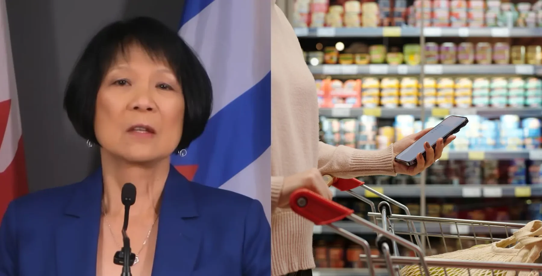 Toronto politician Olivia Chow speaking at a press conference with grocery store shelves in the background, discussing surveillance pricing and market regulation.