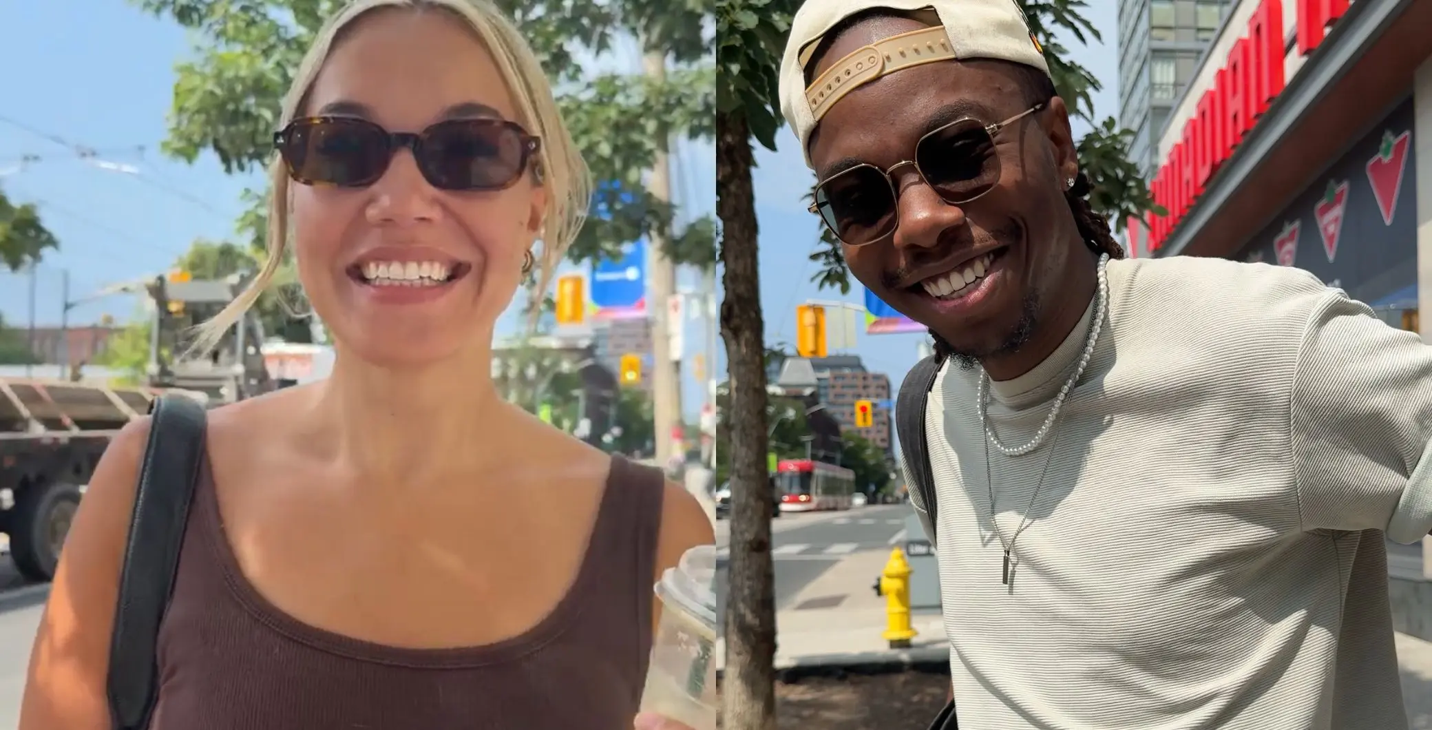 Smiling woman and man wearing sunglasses outdoors in Toronto on a sunny day, with city streets and traffic lights in the background.