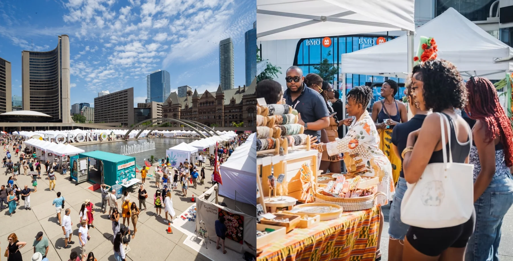Crowd enjoying outdoor market in Toronto with city skyline in background during summer weekend.