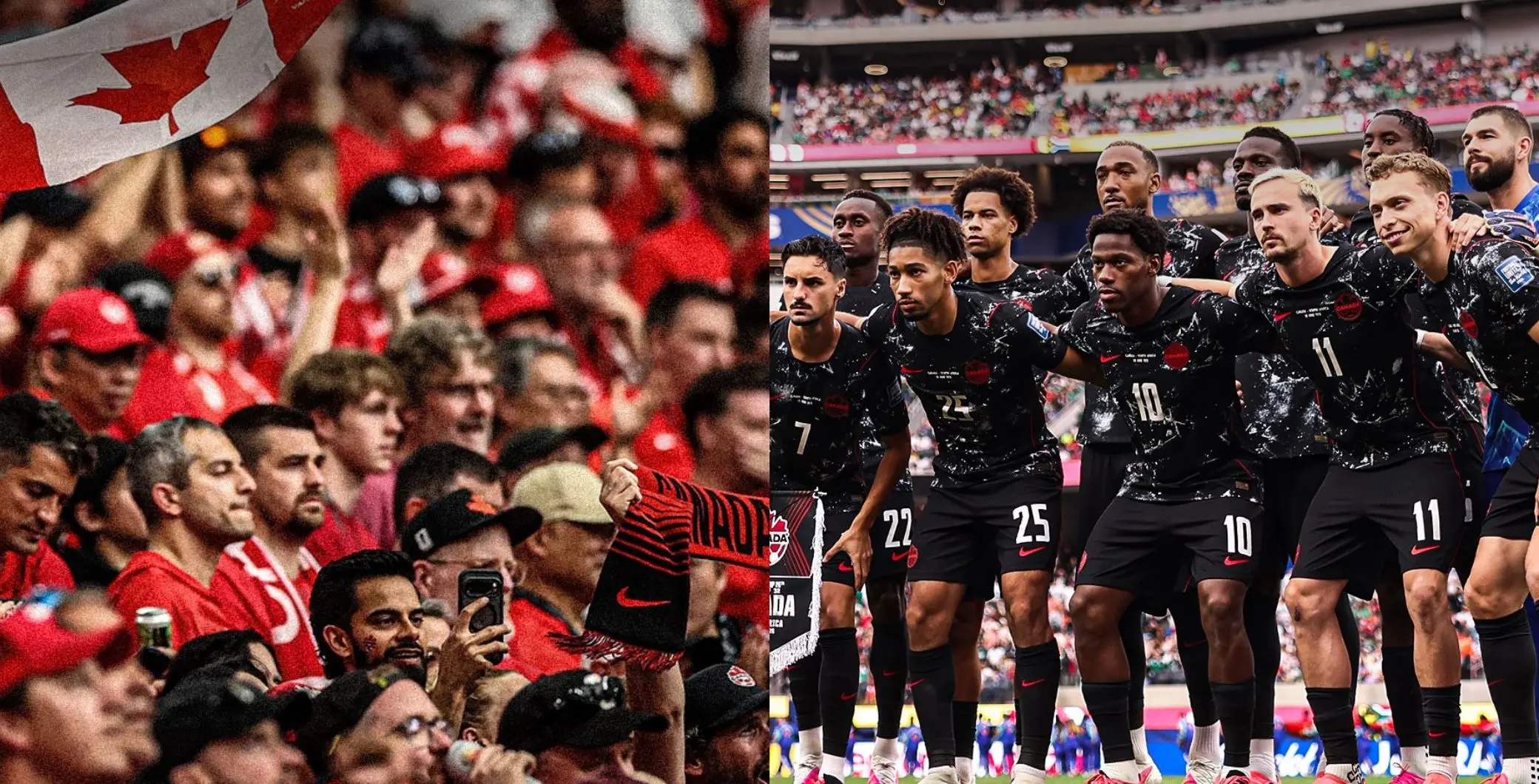 Canadian soccer team in black uniforms huddles together during a match, surrounded by passionate fans in red at a stadium.