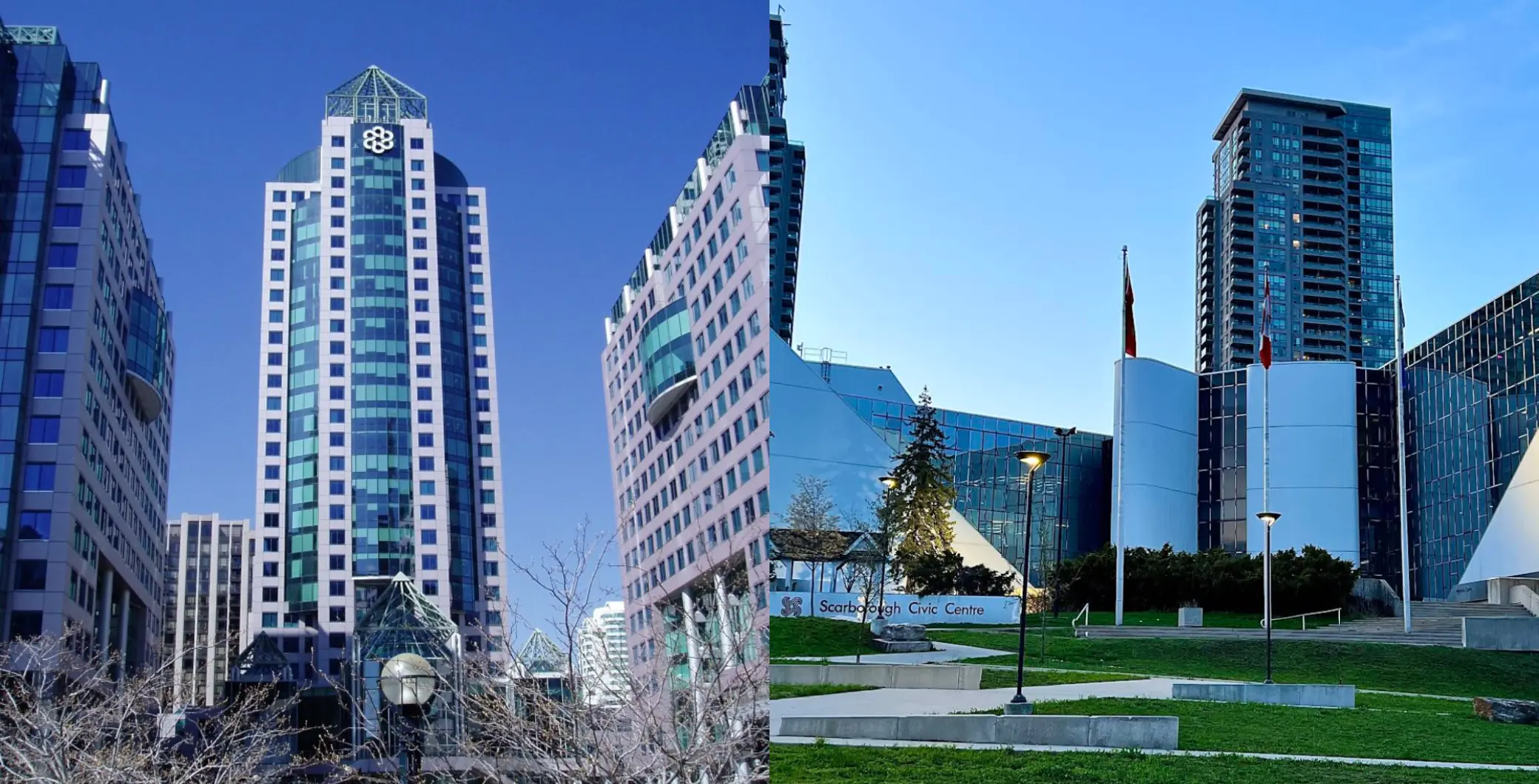 Modern Toronto skyline with distinctive skyscrapers and city park under a clear blue sky.