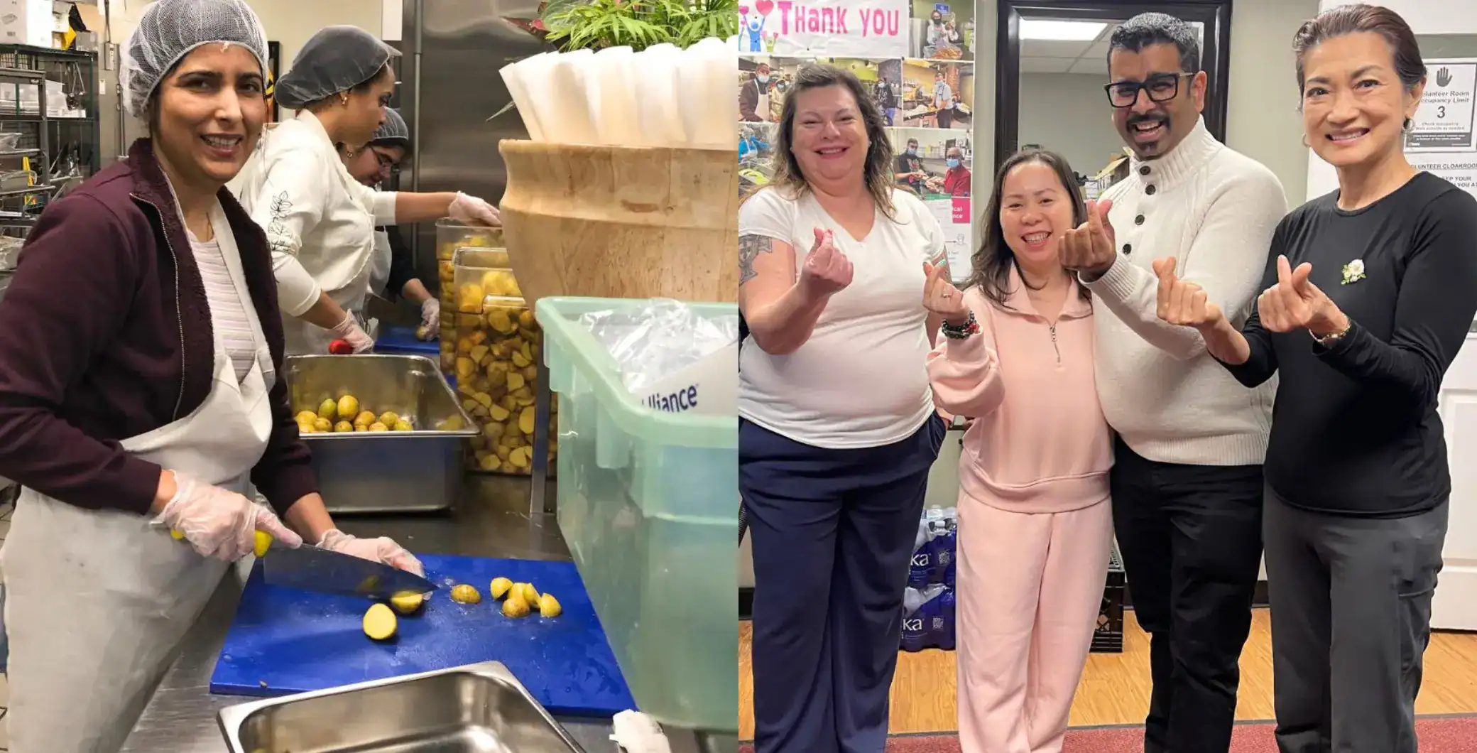 Volunteers preparing food and smiling, promoting community engagement and volunteering in Toronto.