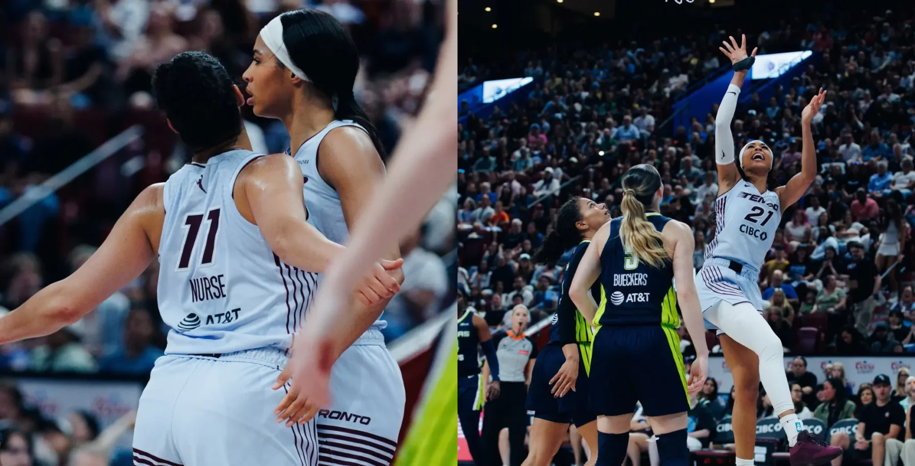 Toronto Tempo women's basketball team celebrating and playing in a packed arena during a historic WNBA game in Montreal.