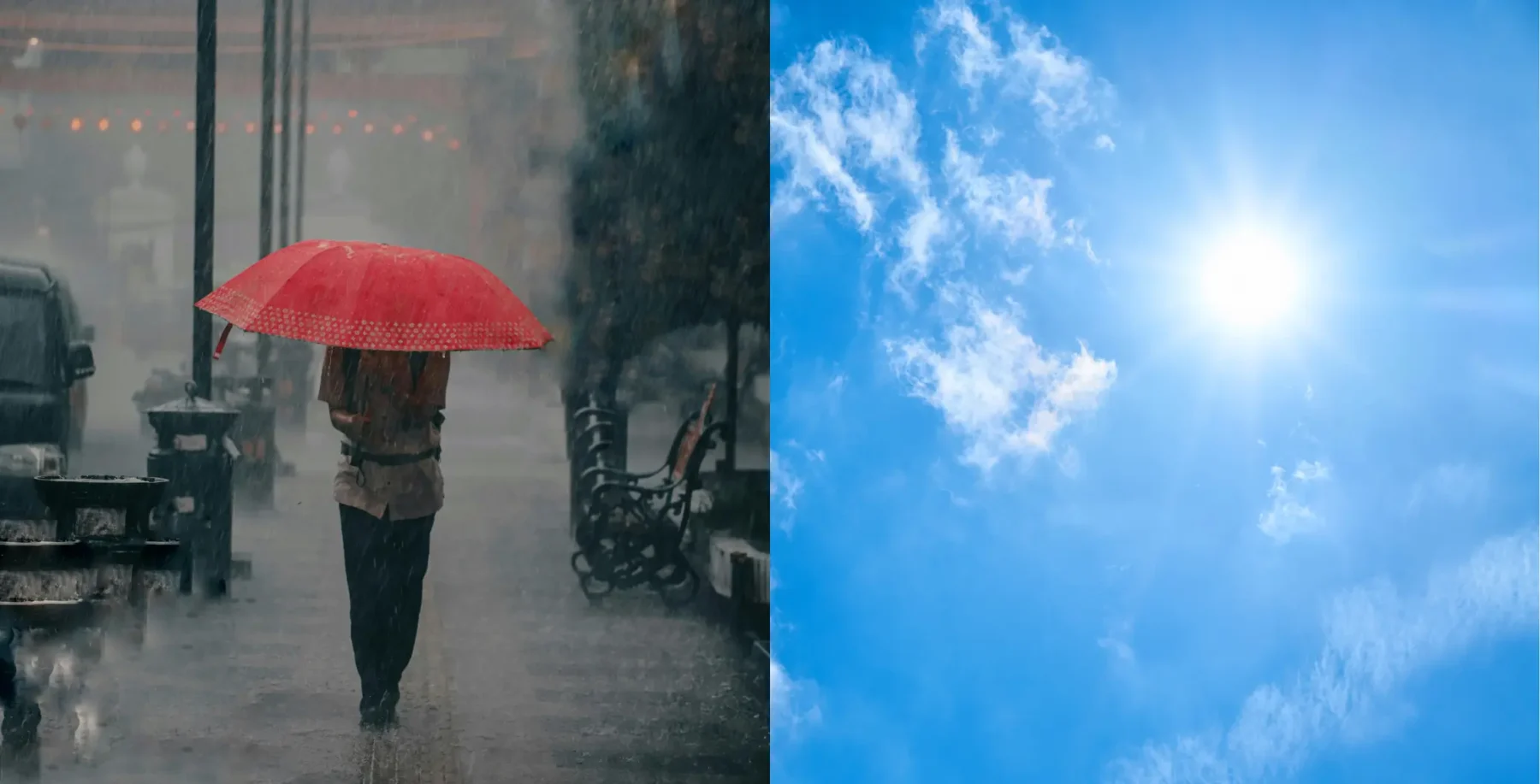 Person walking with red umbrella in rainy city street and bright sunny sky with clouds.