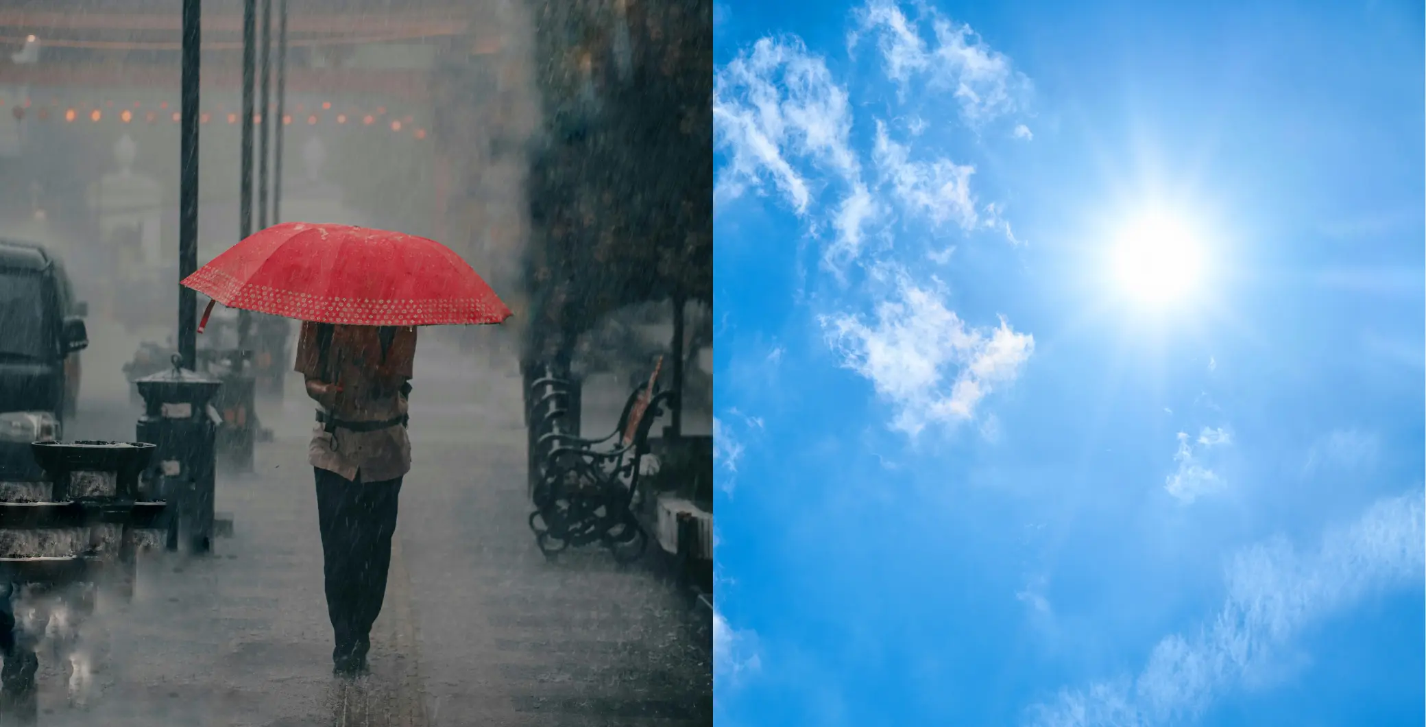 Person walking with red umbrella in rainy city street and bright sunny sky with clouds.