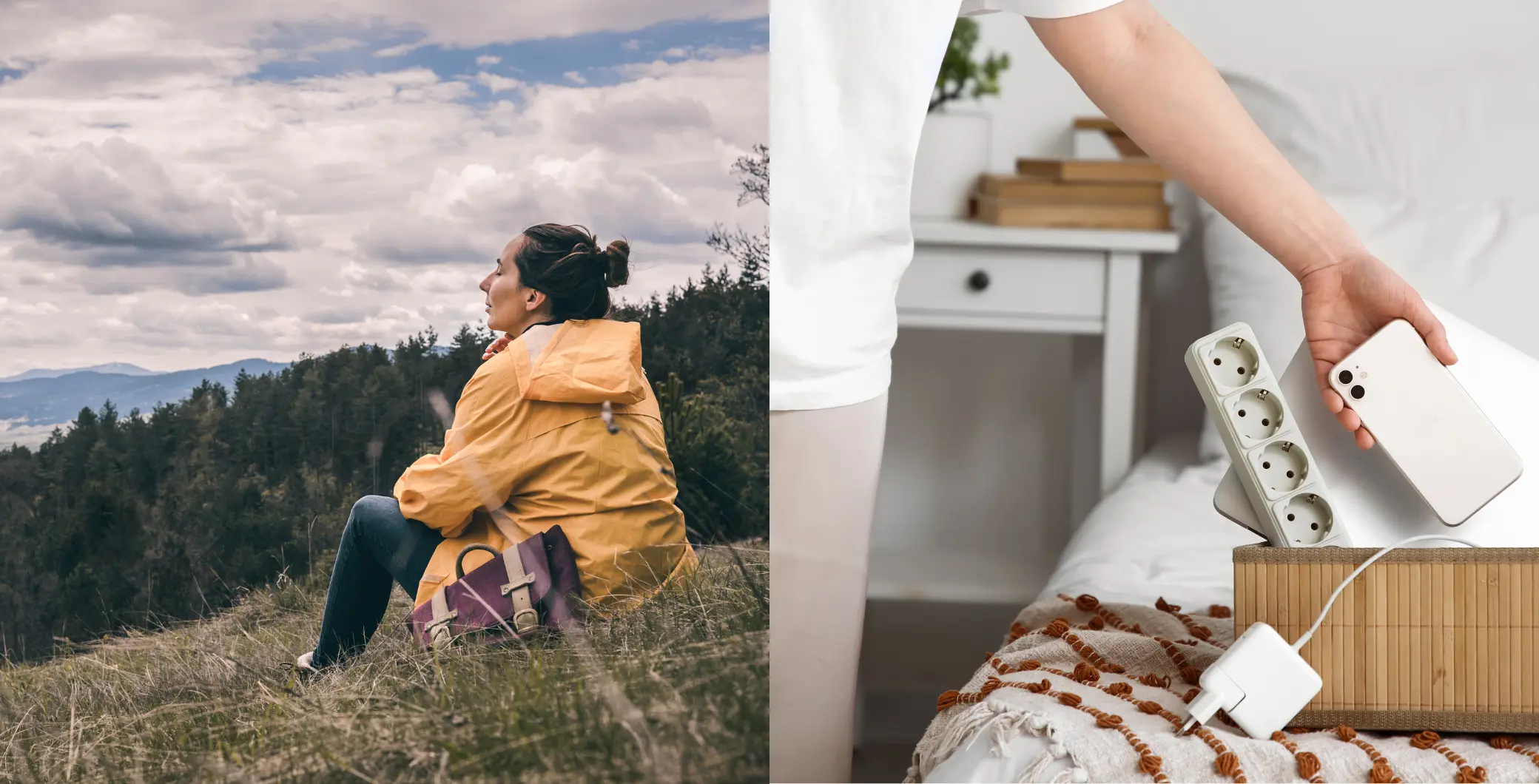 A woman sitting outdoors on a grassy hill, enjoying nature, with a backpack beside her, and a person plugging in a phone indoors, highlighting digital detox and outdoor activities.