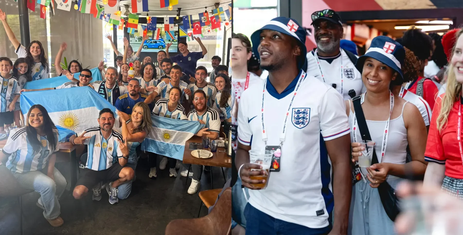 Fans celebrating England vs. Argentina World Cup semi-final at Vaughan event with flags, drinks, and live music.