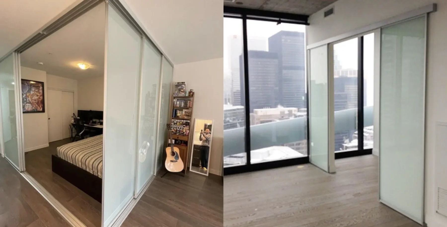 Toronto condo interior with sliding glass doors, open space, and city view, illustrating unique apartment layouts discussed in the article.
