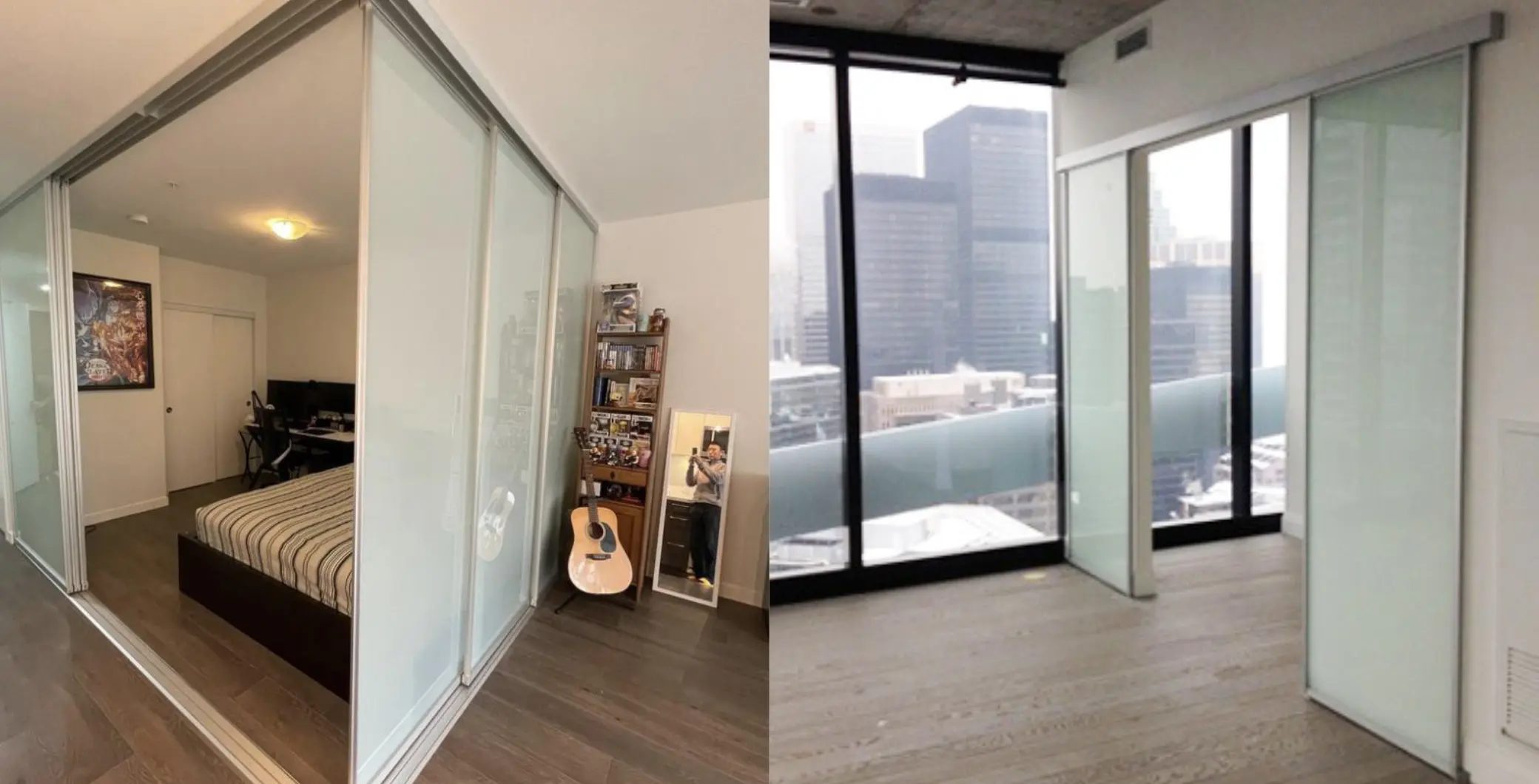Toronto condo interior with sliding glass doors, open space, and city view, illustrating unique apartment layouts discussed in the article.