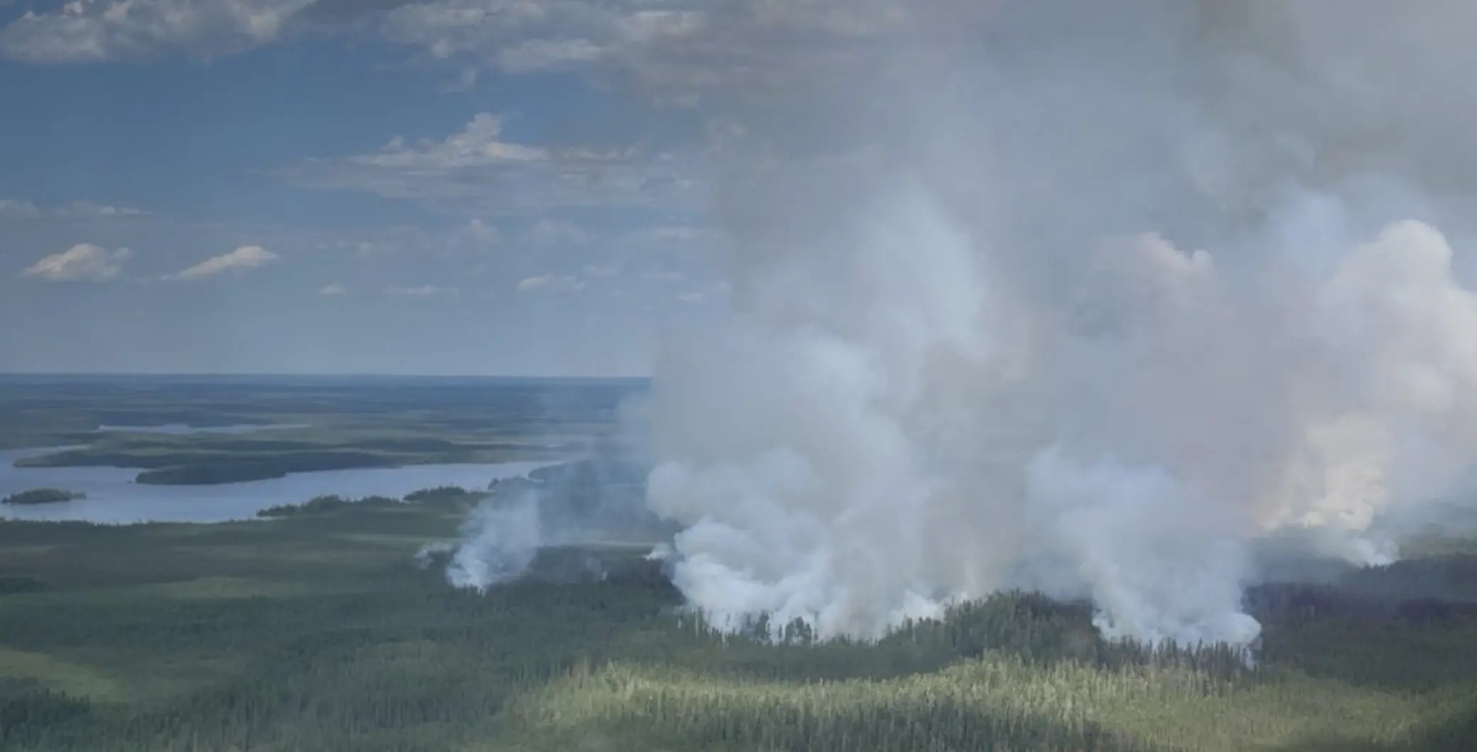 Smoke rising from a wildfire in a forested area near a body of water, with a cloudy sky overhead.