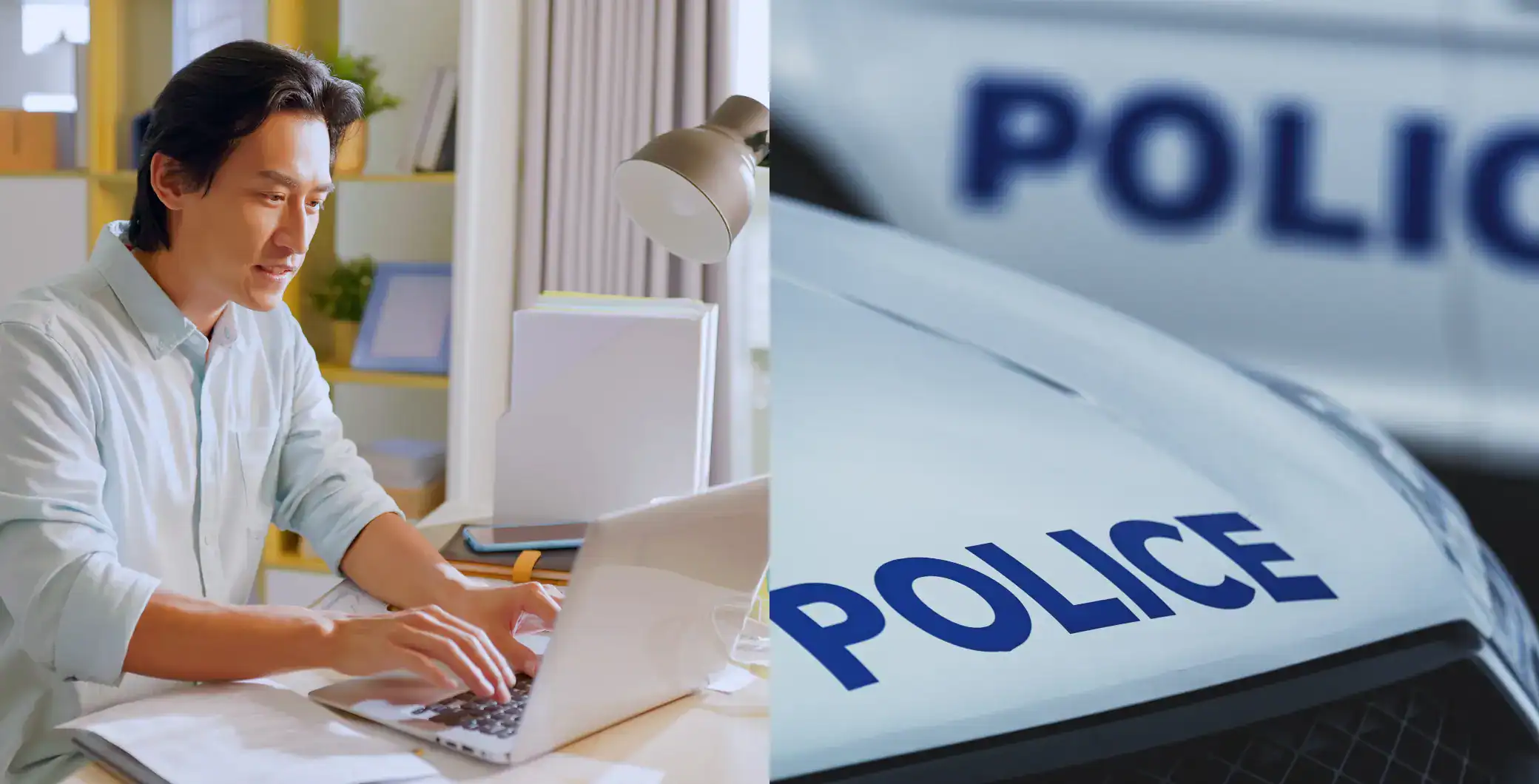 Person working on a laptop at home with a police car in the background, highlighting online scams and police warnings in Toronto.