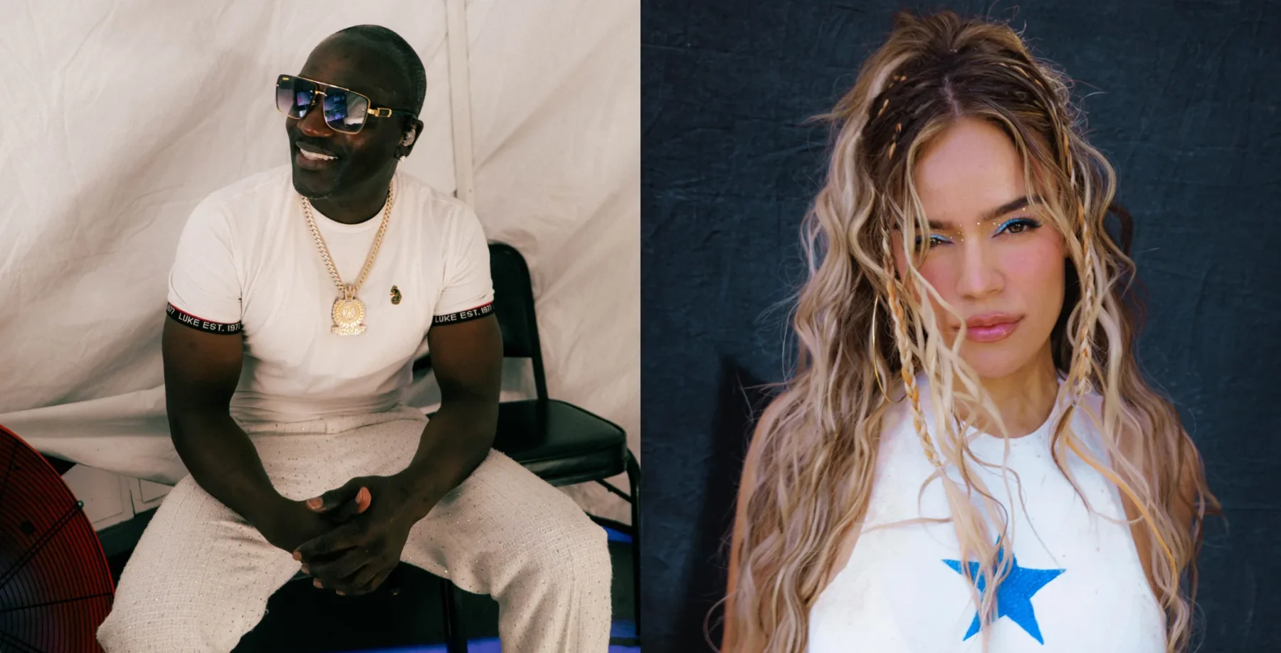 Two artists, a man with sunglasses and a woman with wavy blonde hair, posing for promotional photos for Toronto concerts this week.