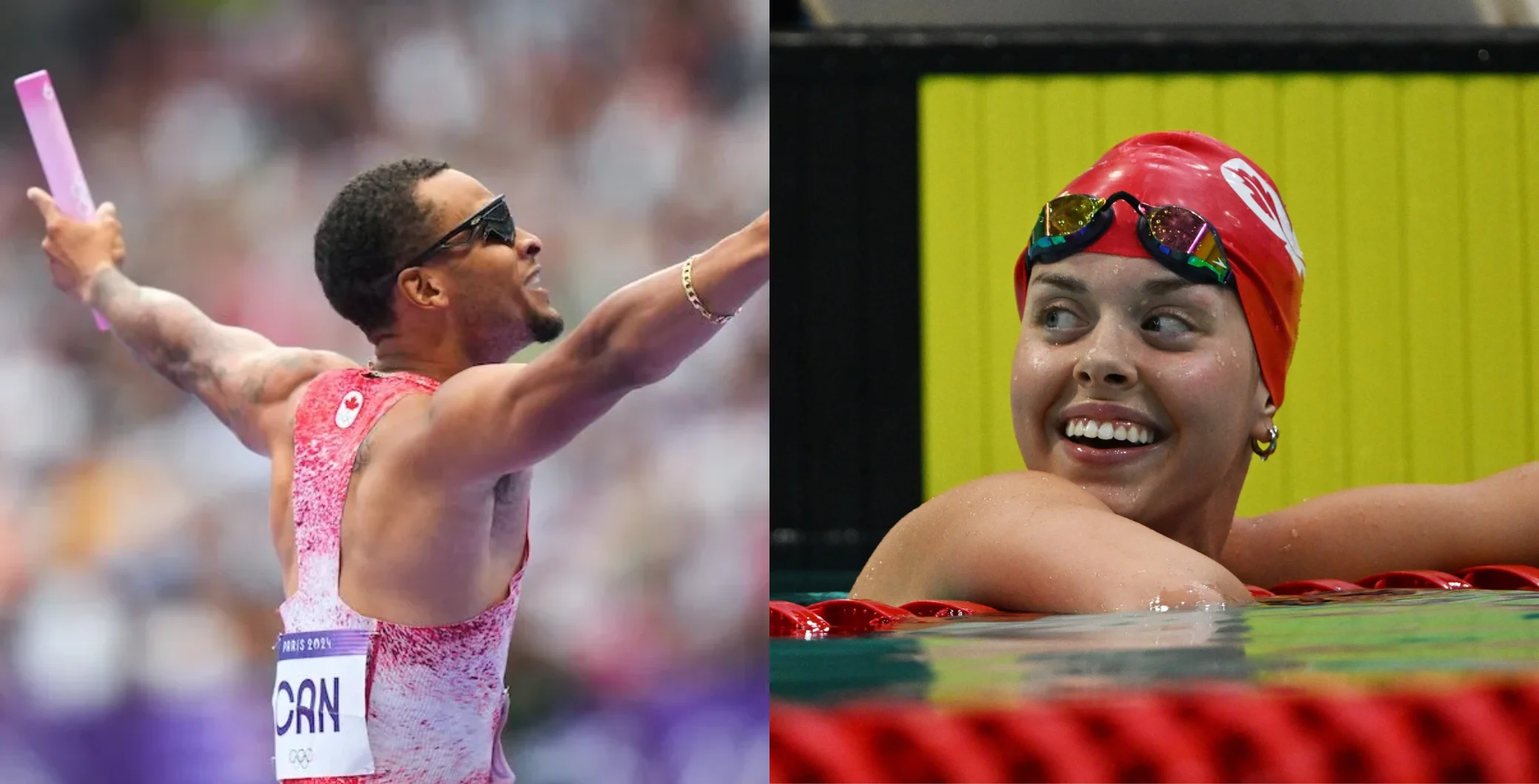 Two female swimmers celebrating after a race, one in a pink swimsuit and the other in a red swim cap, at a competitive swimming event in Toronto.