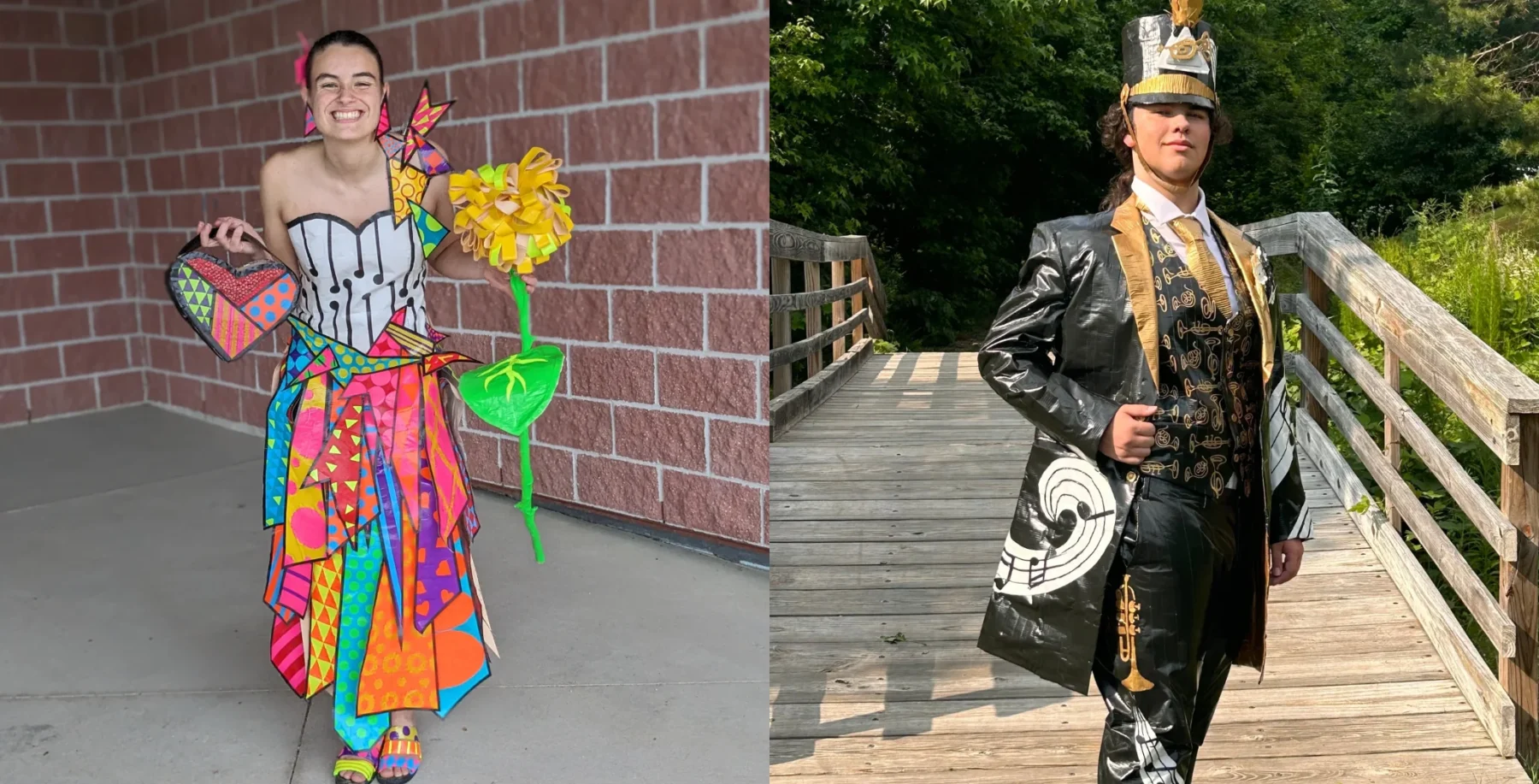 Two individuals in creative costumes outdoors, one with a colorful dress and butterfly accessories, the other in a black and gold outfit with a crown, on a sunny day.