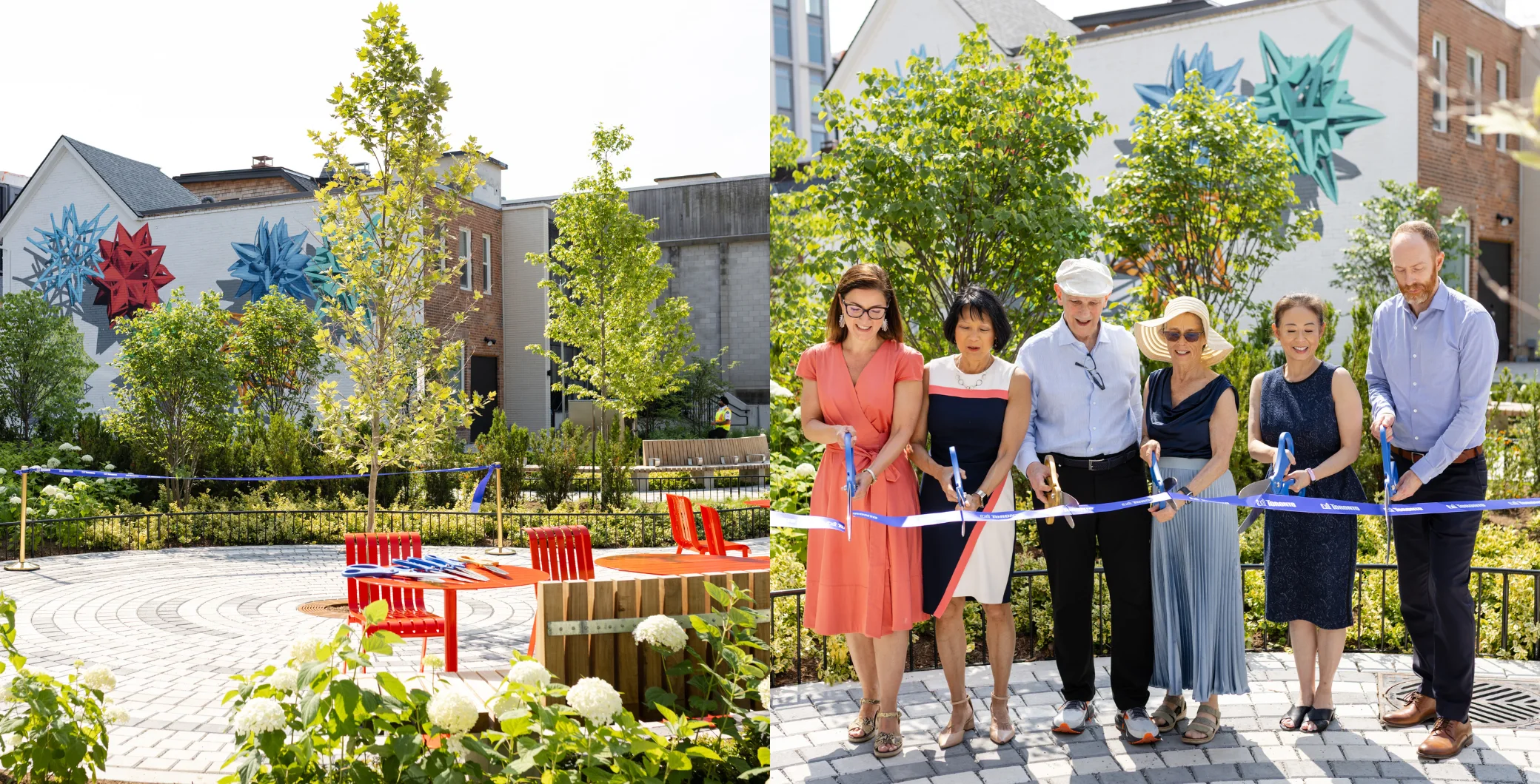 Group of people at the opening of Ed Mirvish Park in Toronto's Annex, cutting a ribbon in a sunny outdoor setting with trees and colorful murals in the background.
