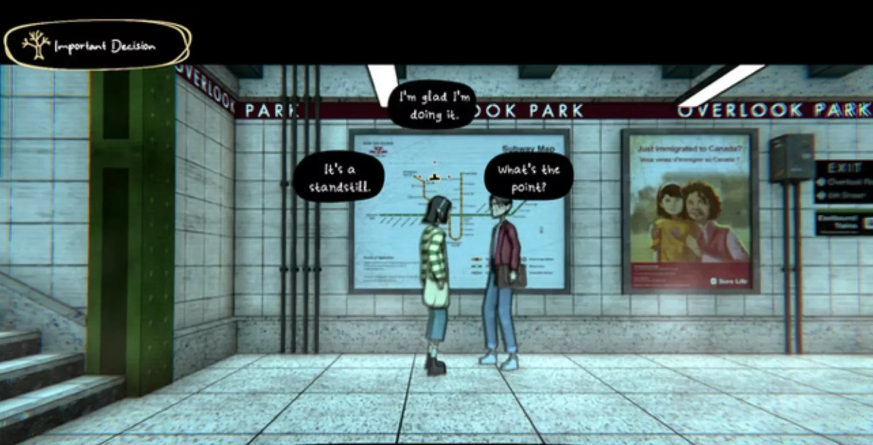 Two animated characters stand at Overlook Park subway station discussing the standard and the point, with subway maps and posters in the background.