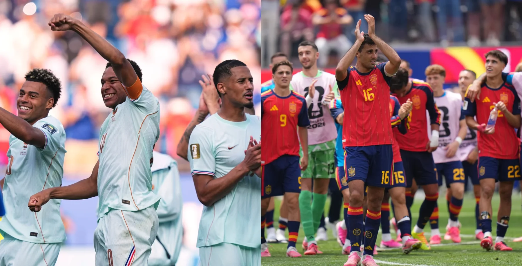 French and Spanish soccer players celebrate during the FIFA World Cup semi-final match in Toronto, showcasing national team jerseys and a lively crowd.
