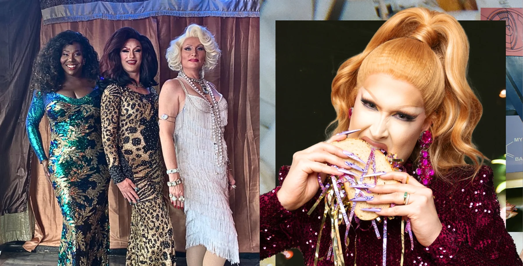 Three women in glamorous outfits and a woman with red hair biting into a cake at a celebration, showcasing Toronto's vibrant entertainment scene.