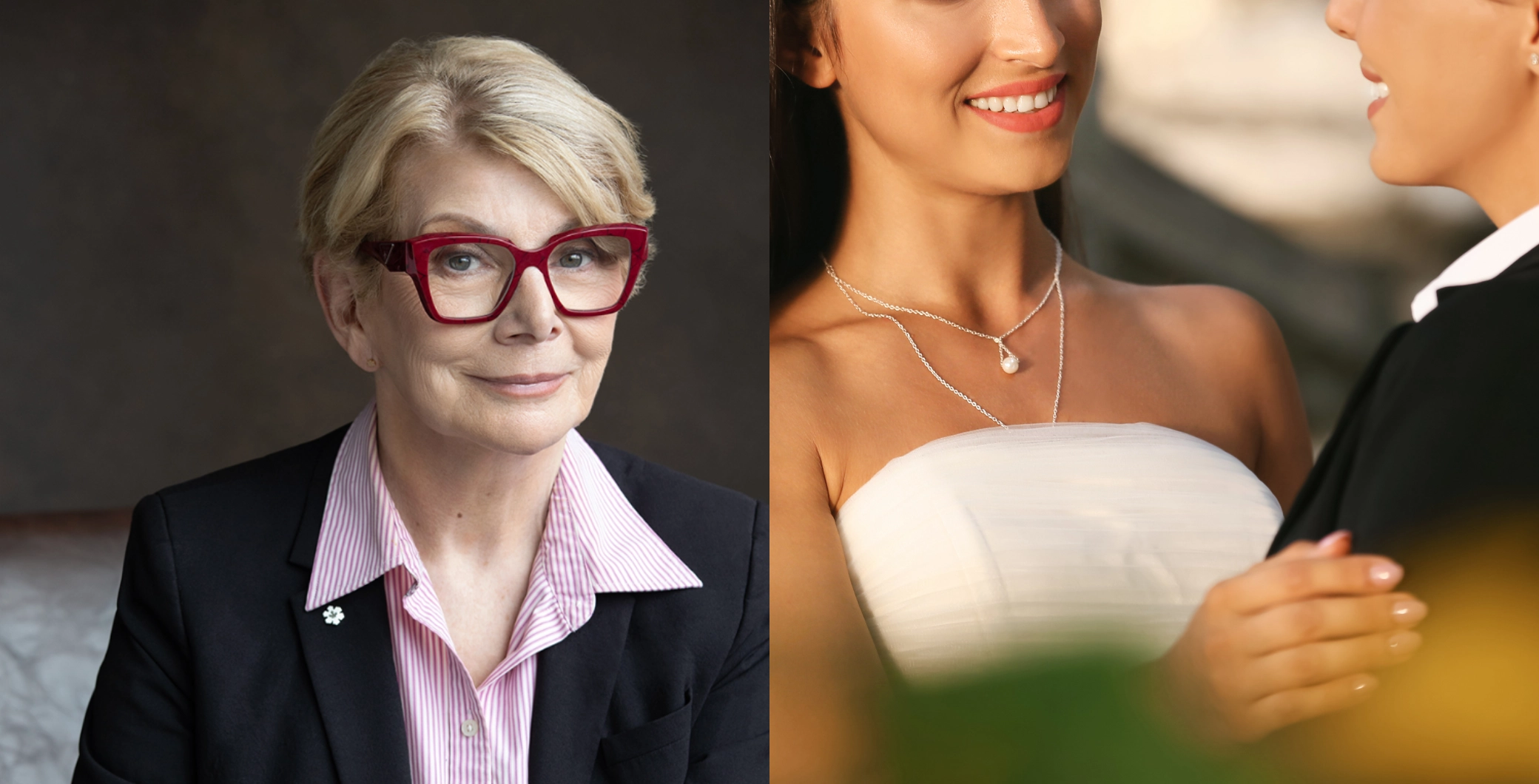 A woman with short blonde hair, red glasses, and a dark blazer, and a couple at a wedding, smiling and holding hands, celebrating marriage equality in Canada.