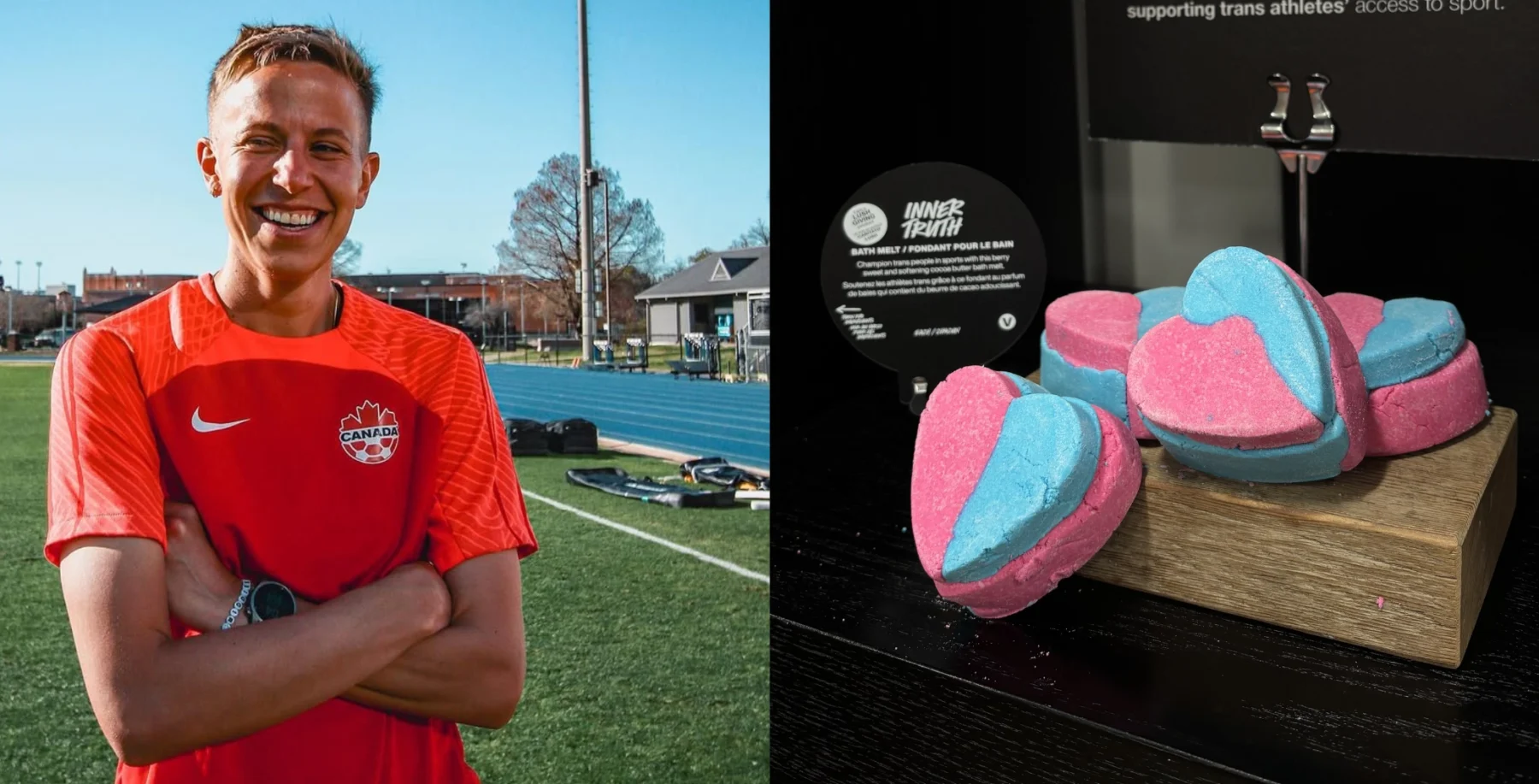 Olympian Quinn in a red sports jersey smiling outdoors with a track and field in the background, and heart-shaped pink and blue bath bombs on display.
