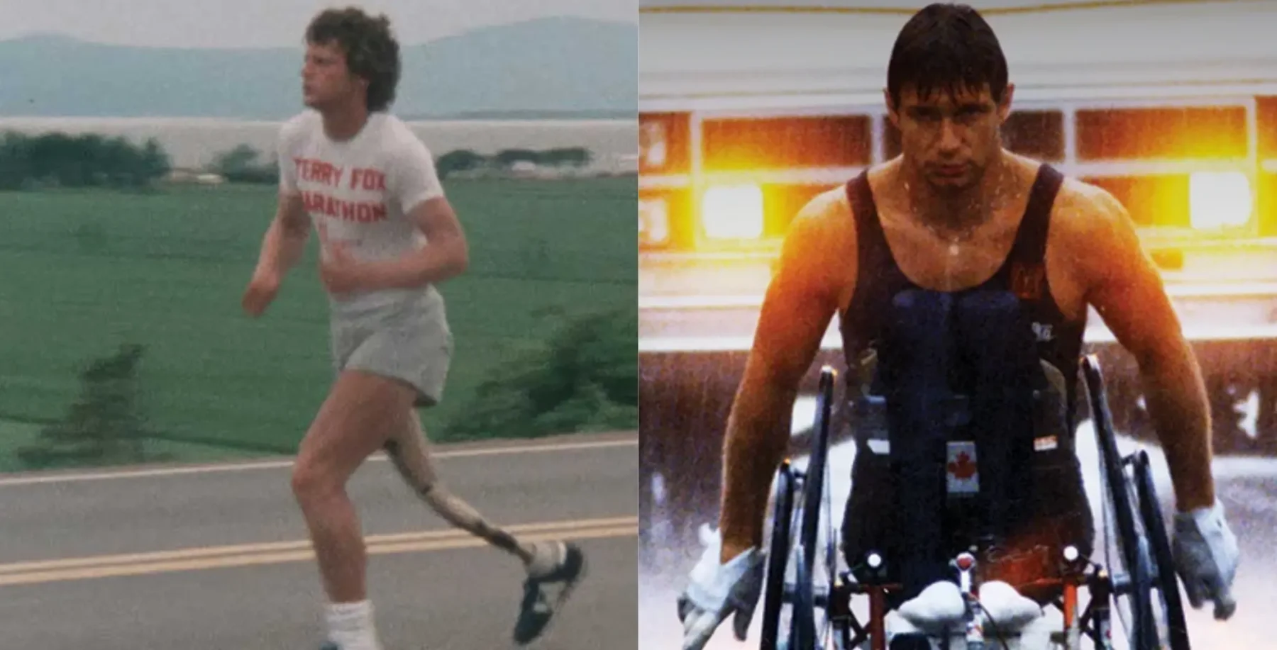 Two Canadians who changed the country, one running outdoors and the other in a wheelchair, highlighting resilience and determination.