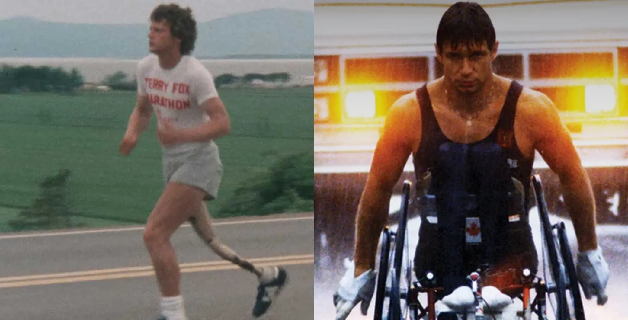 Two Canadians who changed the country, one running outdoors and the other in a wheelchair, highlighting resilience and determination.