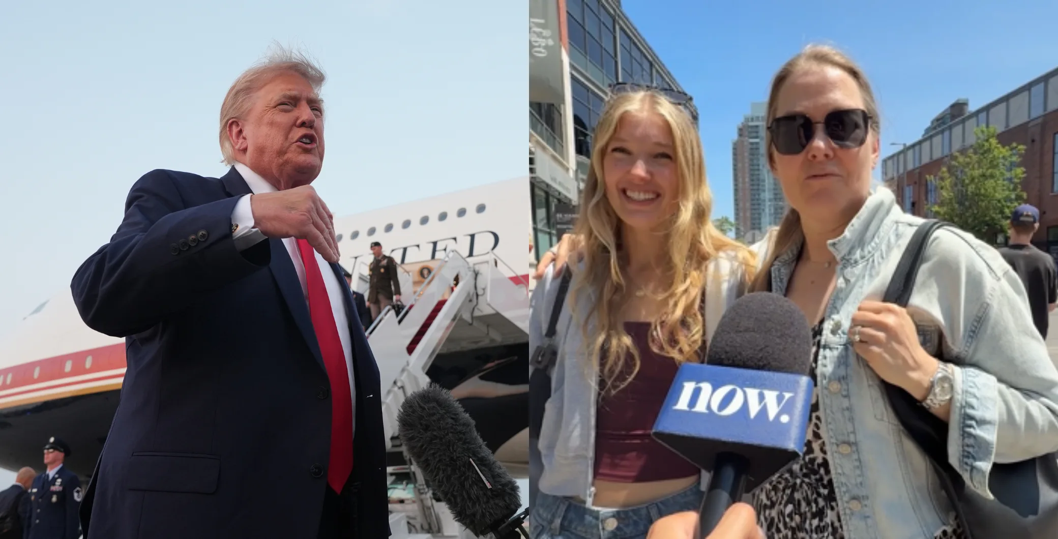 Toronto residents respond to wildfire criticism with interviews and media coverage, featuring a man in a suit and two women with a microphone from NOW Toronto.