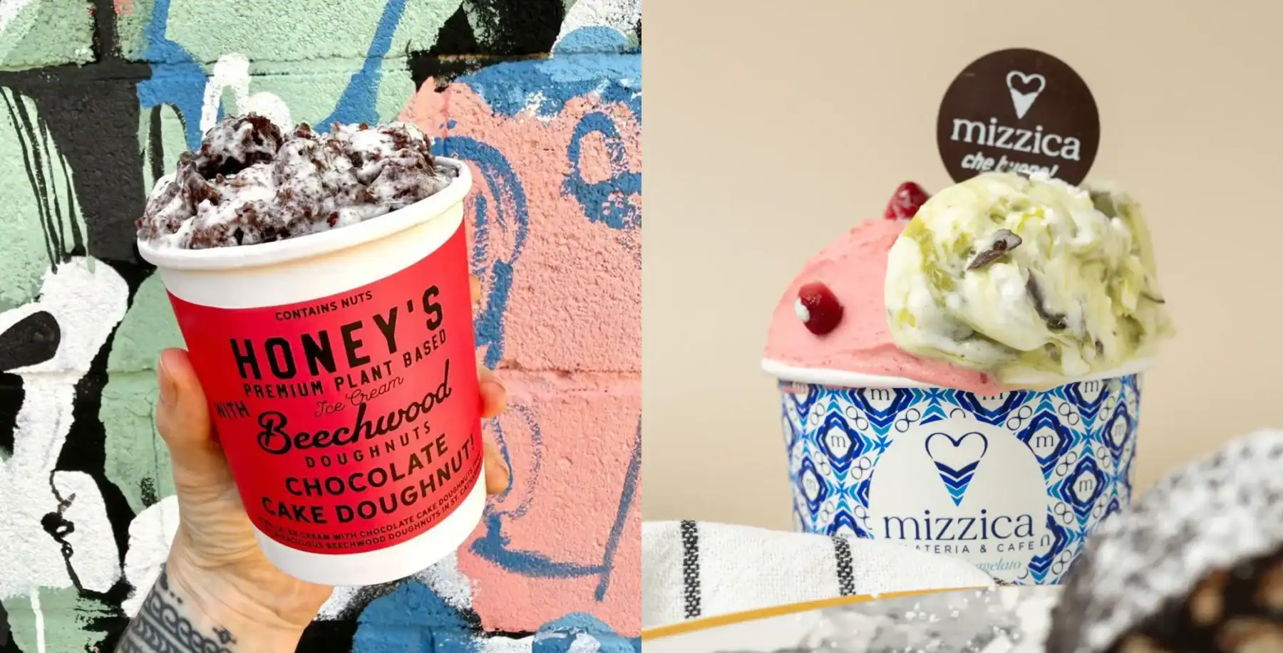 Two images of vegan ice cream: one in a red Honey's cup with chocolate and nuts, and another in a Mizzica cup with pink and green scoops, on a light background.