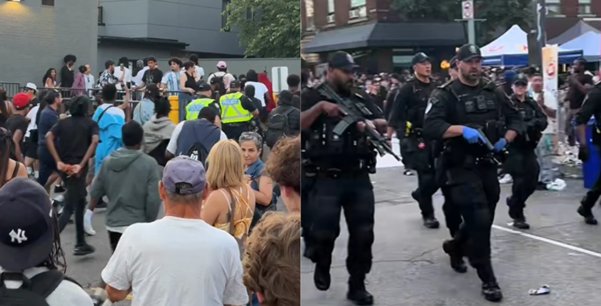 Crowd and police officers at the scene of Salsa on St. Clair shooting in Toronto, with witnesses and emergency responders present.