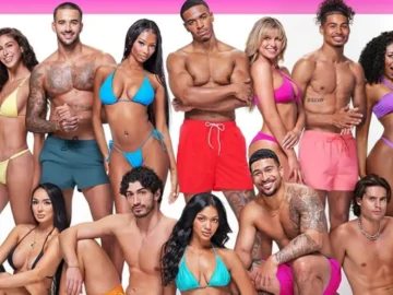 A diverse group of men and women in colorful swimwear posing together against a pink background, showcasing summer fashion and body positivity at NOW Toronto.