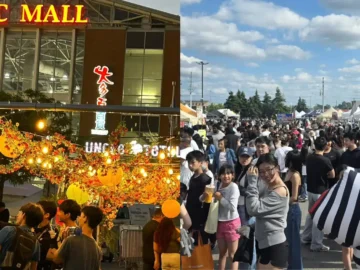 Crowd at Pacific Mall during the dumpling festival with festive decorations and food stalls on a sunny day.