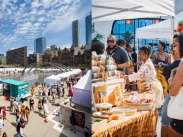 Crowd enjoying outdoor market in Toronto with city skyline in background during summer weekend.